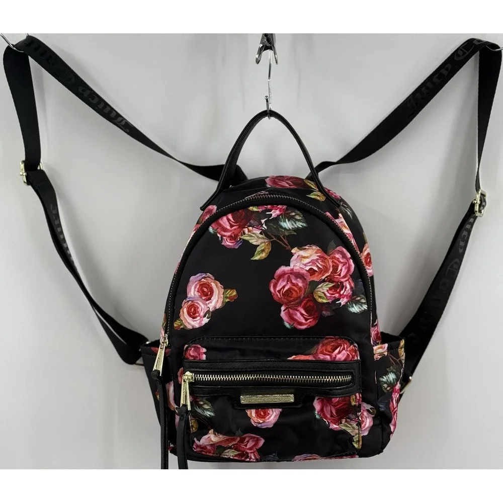 Juicy Couture Mini Backpack Red‎ Pink Roses Black Logo Straps Pockets